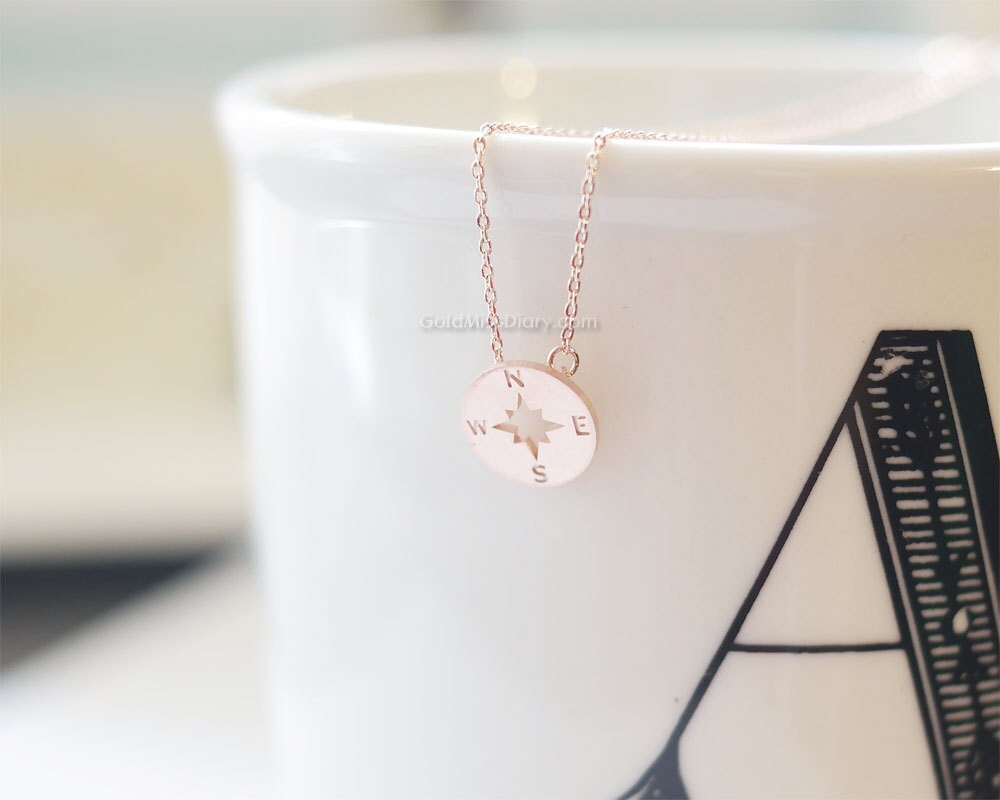 Tiny Compass Necklace in Rose Gold, Circle Disk Necklace, Compass
