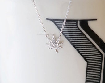 Silver marijuana leaf necklace with cz, Silver cannabis leaf necklace, Silver Pot Necklace, wedding, bridesmaid, birthday gifts