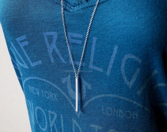 Silver Skinny Vertical Bar Necklace /Perfect Layering Necklace / Sterling Silver Chain, Long Silver Bar Pendant