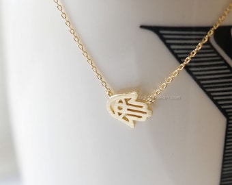 Gold Tiny Sideways Hamsa Necklace, Gold Hamsa Necklace, Hand of Fatima Necklace, Evil Eye, Delicate Thin Gold Necklace