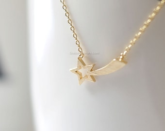 Gold Shooting Star Necklace, star necklace in gold, bridesmaid gifts, birth day gift, everyday dainty handmade necklace,