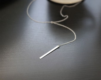 Silver Bar Drop Necklace / Simple Bar Lariat Necklace / Minimal Y Necklace / Sterling Silver vertical bar necklace