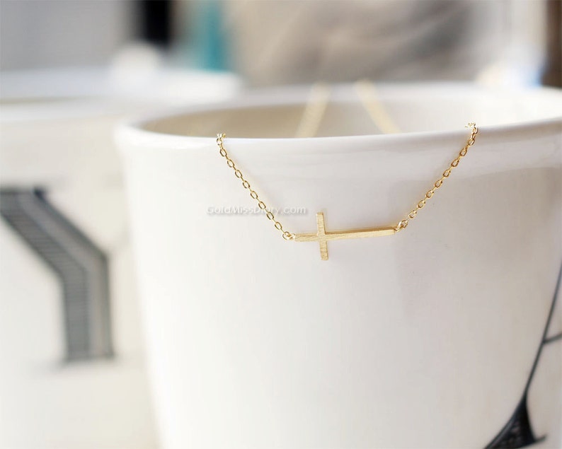 Gold sideways cross necklace/ Gold Filled necklace, dainty everyday necklace, wedding, birthday, bridesmaid gifts, image 3