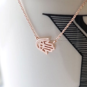 rose Gold Tiny Sideways Hamsa Necklace, rose Gold Hamsa Necklace, Hand of Fatima Necklace, Evil Eye, Delicate Thin rose Gold Necklace