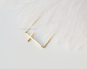 Gold sideways cross necklace/ Gold Filled necklace, dainty everyday necklace, wedding, birthday, bridesmaid gifts,