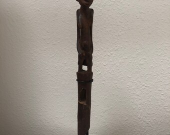 vintage African fly whisk swatter figural nude woman carved wood handle and horse or cow hair