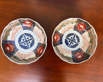 Japanese Imari Porcelain Bowls With Handpainted Designs, Set Of Two