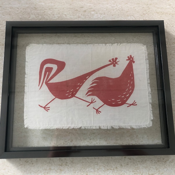 Vintage Chicken Design Lithograph on Fabric Textile Framed in Glass Metal Frame