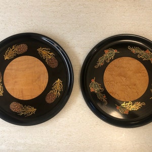 Couroc Resin Holiday Cheese Trays With Wood and Brass inlays, Set Of 2