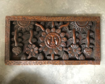 Hand Carved Folk Art Wood Wall Panel Art Sculpture with Sunflower Design