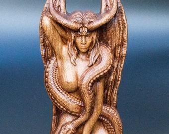 Lilith Wiccan Altar Sumerian Inanna Goddess  Sculpture Wooden Figurine Statue Femme fatale Witch Decor Sumerian