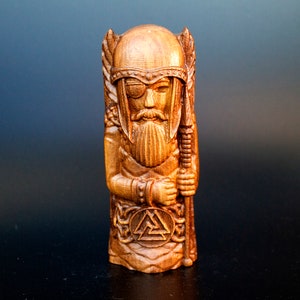 Mini Odin Deity Scandinavian Sculpture Wood Statue Statuette Norse Wooden Art Gift God of War