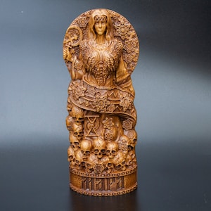 Mara Wood Statue Goddess of Death Slavic Tabletop Pagan Altar Wooden Statuette 9 Inch