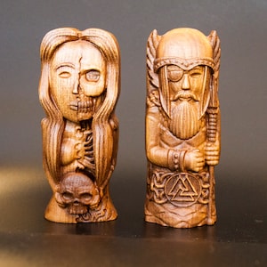 Mini Hel and Odin Small Scandinavian Sculpture for Altar or Table 6 Inch Statuette Norse Wooden Art Gift