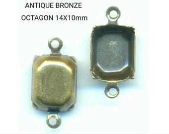May include: Two antique bronze octagon-shaped pendant settings, each measuring 14x10mm. The settings have a loop at the top for attaching a chain or cord.