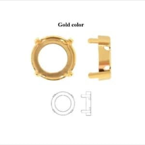 May include: Gold-colored metal setting for a round gemstone. The setting has four prongs and a smooth, rounded edge. The setting is shown in two views: a top view and a side view.