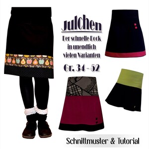 Sewing pattern for a skirt, Julchen, women's sizes 34-52, sewing instructions PDF ebook, beginner style, hip skirt with stretch waistband, 4 variations, DIY paper pattern A4