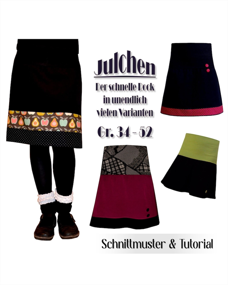Sewing pattern for a skirt, Julchen, women's sizes 34-52, sewing instructions PDF ebook, beginner style, hip skirt with stretch waistband, 4 variations, DIY paper pattern A4 image 1