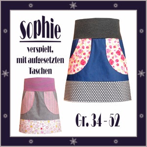 Könnte beinhalten: Ein Schnittmuster für einen Rock namens "Sophie" mit verspieltem Design und aufgesetzten Taschen. Das Schnittmuster beinhaltet zwei Rockvarianten und ist in den Größen 34-52 erhältlich.