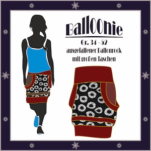 Sewing instructions for a balloon skirt with large pockets in sizes 34 - 52