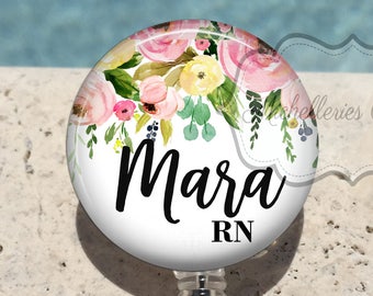 Retractable Badge Holder, Blush Watercolor Floral Personalized Badge Reel, Name Badge Reel, Nurse Badge Reel, Badge Holder, MB458
