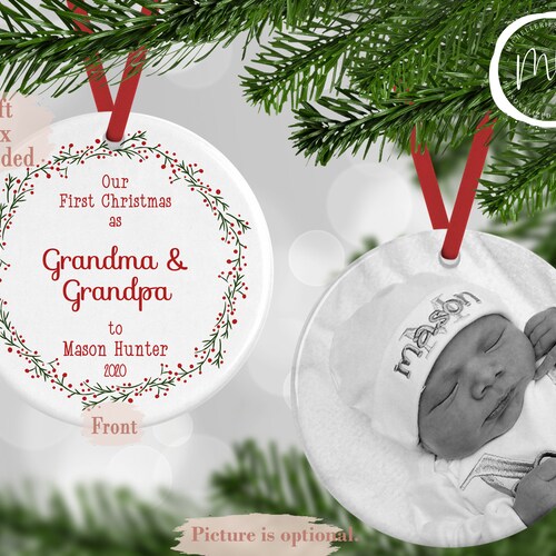 Custom Photo First Christmas as Grandma and Grandpa Christmas Ornament, Holly First Christmas as Grandparent Ornament, MB840