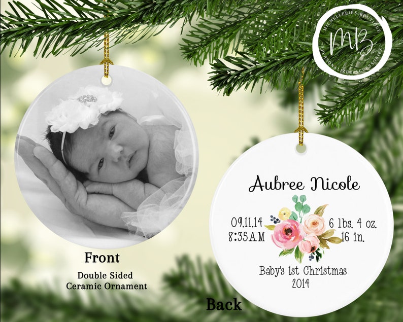 Custom Photo Baby's First Christmas Ornament with Birth Announcement, Baby's 1st Christmas Ornament for Girls, MBO001 