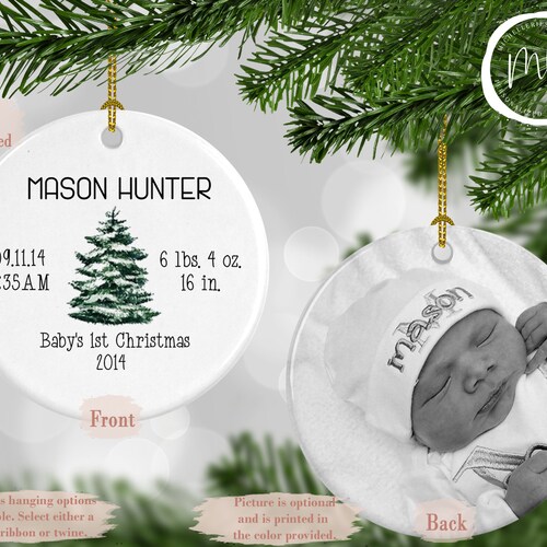 Custom Photo Baby's First Christmas Ornament with Birth Announcement, Baby's 1st Christmas Ornament, MBO013