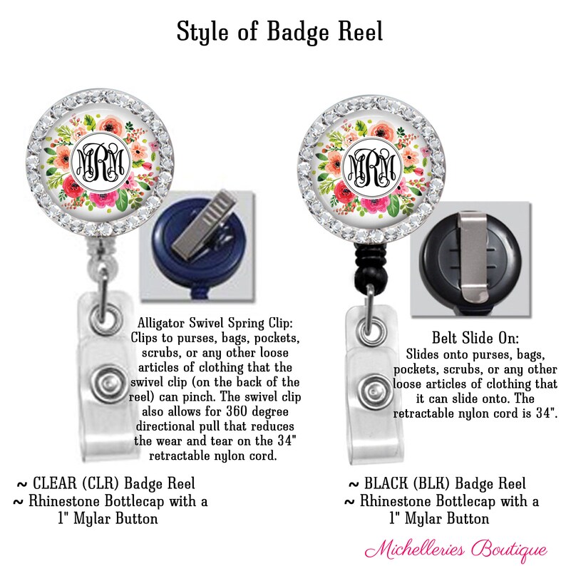 Blue Floral Badge Reel Nursing Badge Reel Rhinestone Personalized Badge Reel MB362 Monogram Badge Reel