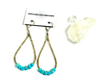 Sm. Kingman Turquoise Pebbles Himalayan Fine Silver Stamped Cube Beads Native Design Earrings