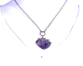 Charoite Sterling Silver Flaming Eye Pendant Necklace on Textured Sterling Cable Chain