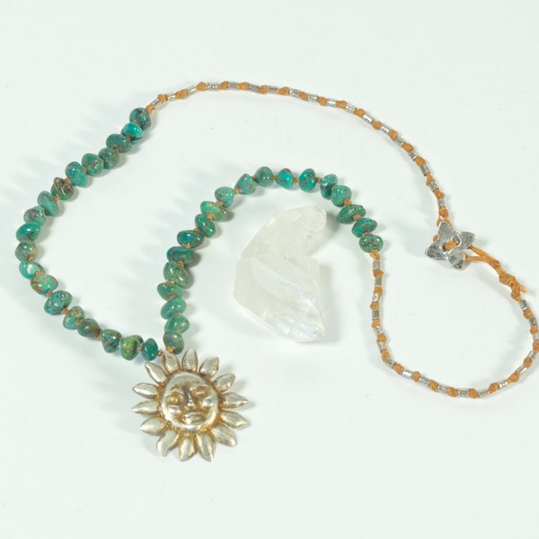 Sterling El Sol Lost Wax Sun Pendant Mexican Turquoise Himalayan Fine Silver Sterling Lotus Button Necklace