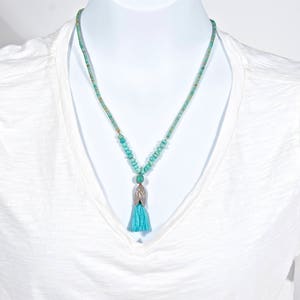 Kingman Turquoise Nuggets New Mexico Turquoise Heishi Lost Wax Cast Sterling Layered Lotus Bud Tassel Necklace image 3