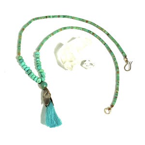 Kingman Turquoise Nuggets New Mexico Turquoise Heishi Lost Wax Cast Sterling Layered Lotus Bud Tassel Necklace image 2