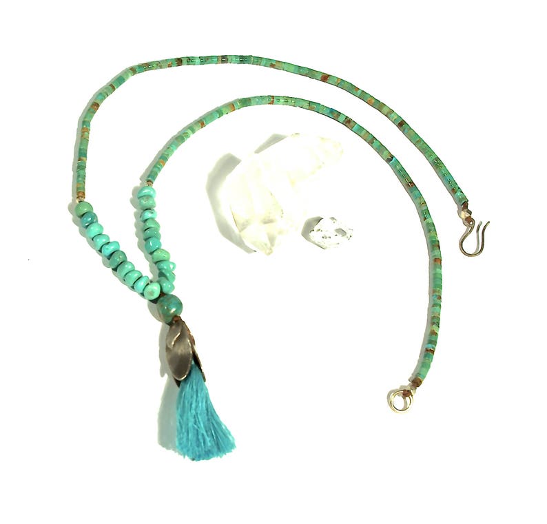 Kingman Turquoise Nuggets New Mexico Turquoise Heishi Lost Wax Cast Sterling Layered Lotus Bud Tassel Necklace image 2