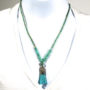 Kingman Turquoise Nuggets New Mexico Turquoise Heishi Lost Wax Cast Sterling Layered Lotus Bud Tassel Necklace image 1