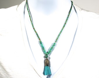 Kingman Turquoise Nuggets New Mexico Turquoise Heishi Lost Wax Cast Sterling Layered Lotus Bud Tassel Necklace