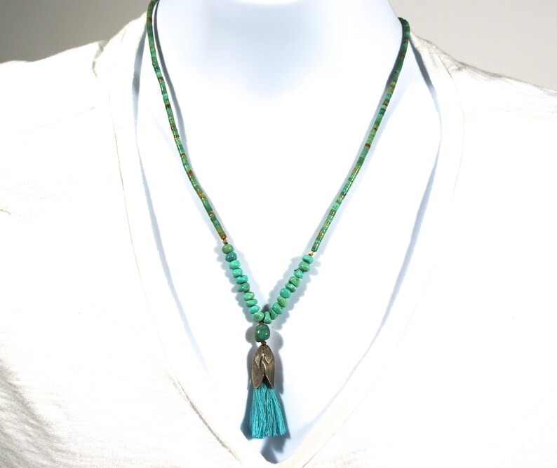 Kingman Turquoise Nuggets New Mexico Turquoise Heishi Lost Wax Cast Sterling Layered Lotus Bud Tassel Necklace image 1