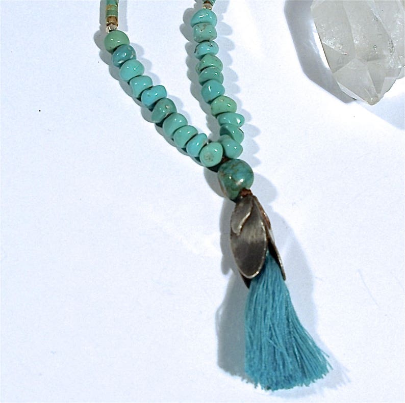 Kingman Turquoise Nuggets New Mexico Turquoise Heishi Lost Wax Cast Sterling Layered Lotus Bud Tassel Necklace image 4
