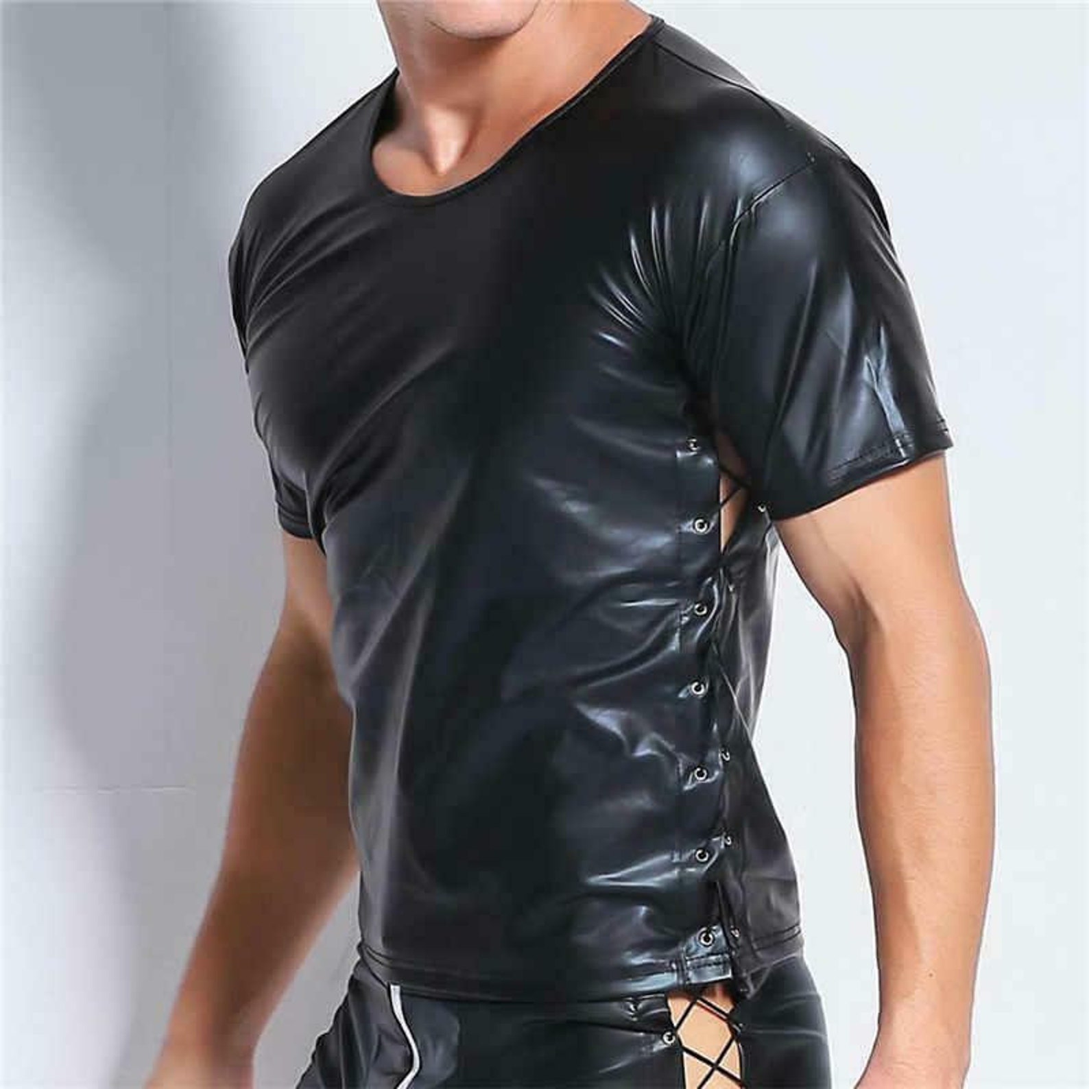Sexy Gay Lace up Patent Leather Men's T-shirt Club-wear | Etsy