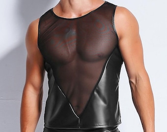 Sexy Mesh Net shirts Sleeveless Vest Faux Leather Men's T-shirt Wet-look Tight Gay Tee Harness Black Bondage Fetish BDSM LGBTQ Pride SH50