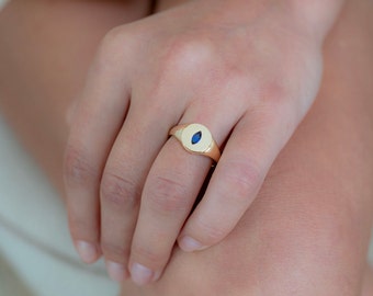 Delicate Signet Ring, Dainty Signet Ring, Blue Cz Stone Signet Ring, Minimal Round Ring, 14K Solid Gold Ring, Flat Top Ring, Birthstone Ring