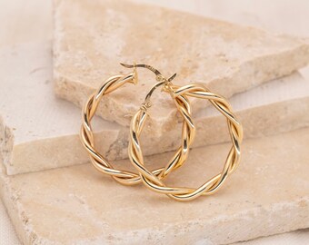 Large Twisted Hoop Pair Earrings, 14K Solid Gold Hoop Earrings, Real Gold Jewelry, Loose Twisted Earrings, Dainty Hoop Earring, Fine Jewelry