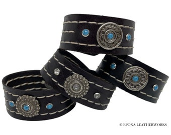 Leather Concho Bracelet - Harness Leather - Rhinestone - Leather Bracelet