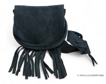 Genuine Black Suede Fringe Purse - Suede Purse - Hand Stitched Purse - Shoulder Bag