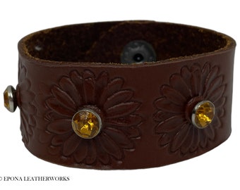 Leather Daisy Bracelet - Amber Rhinestone Flower Bracelet - Leather Bracelet - Size 6"