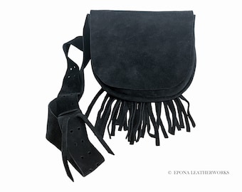 Genuine Black Suede Fringe Purse - Suede Purse - Hand Stitched Purse - Shoulder Bag