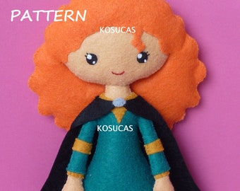 PDF sewing pattern to make a felt doll inspired in Mérida (Brave)