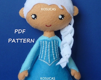 PDF sewing pattern to make a felt doll inspired in Elsa.