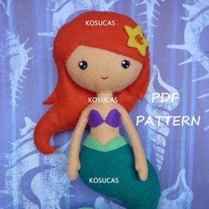 PDF sewing pattern to make a felt doll inspired in the little Mermaid